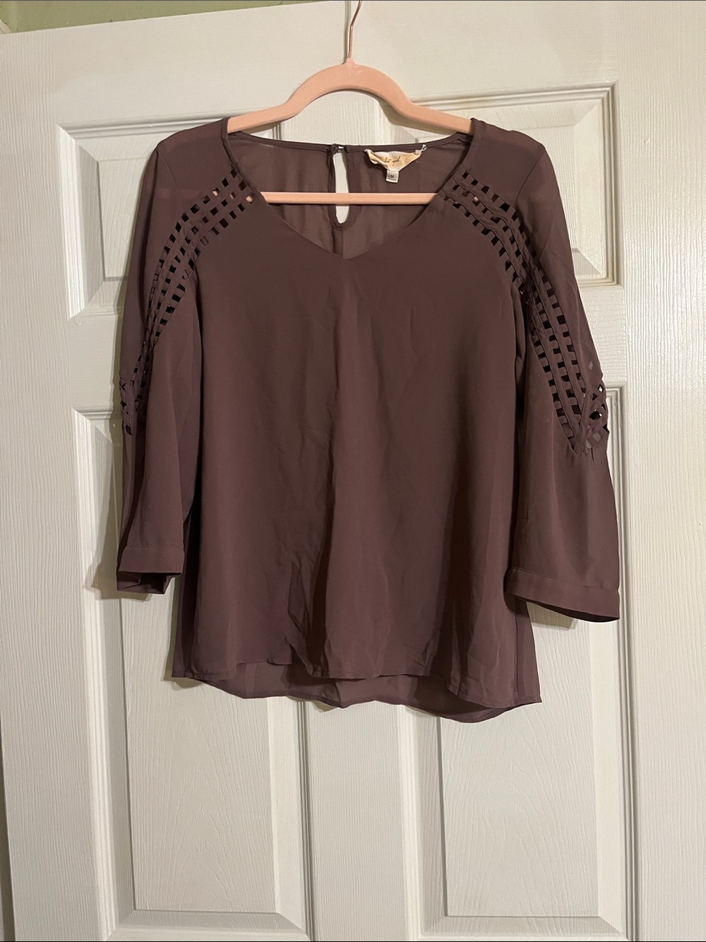 Womens Chocolate Brown V-Neck Blouse with Eyelet Sleeve Detail